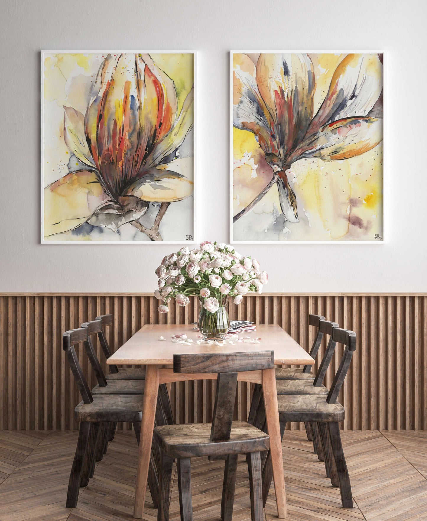 Handgemalte, bunte Magnolien im Set