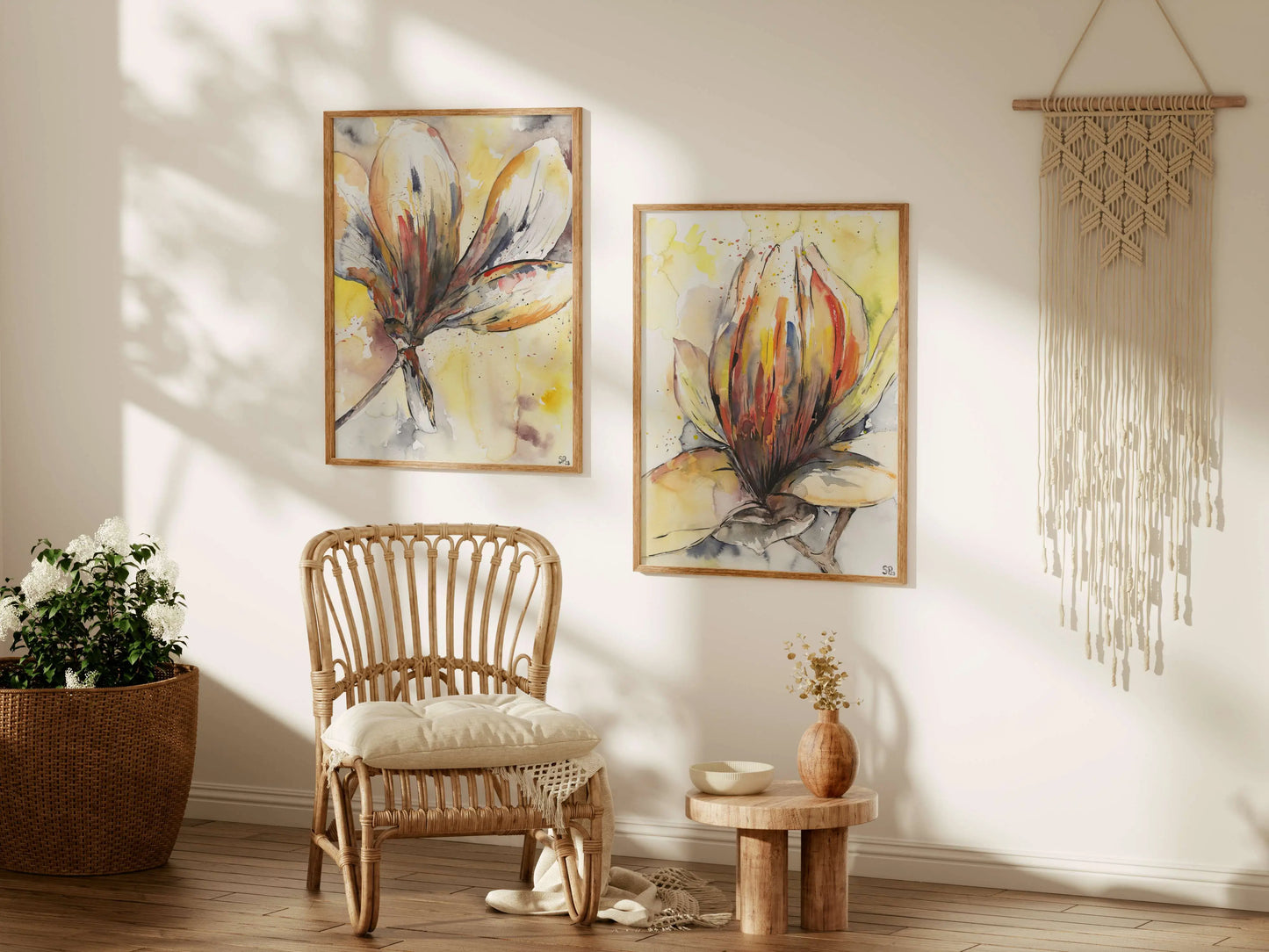 Handgemalte, bunte Magnolien im Set